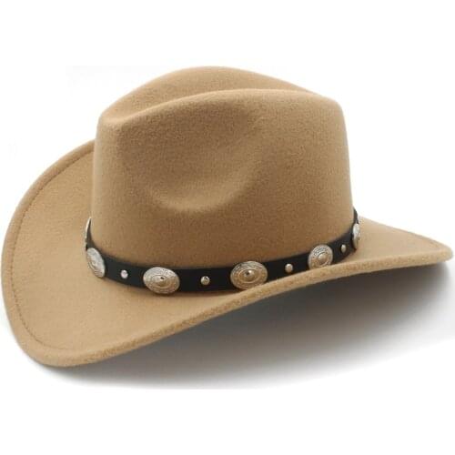 Vintage Wool Children Kids Western Cowboy Hat For Boy Girl Wide Brim Cowgirl Jazz Cap With Leather Toca Sombrero Cap 54CM