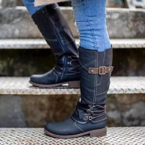Women Boots 2020 Autumn Vintage Buckle Round Toe Long Boots PU Leather Ladies Zipper Low Heel Riding Boots Casual Female Shoes