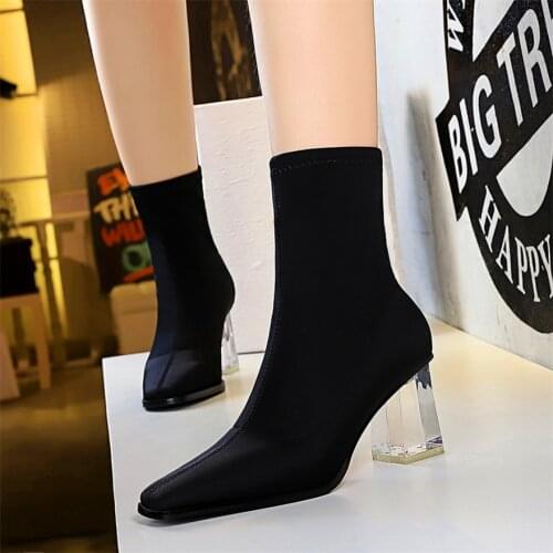 Crystal Square Heel Fashion Boots for Women 2021 Square Toe Elastic Lycra Sock Boots Transparent High Heels Ladies Office Shoes