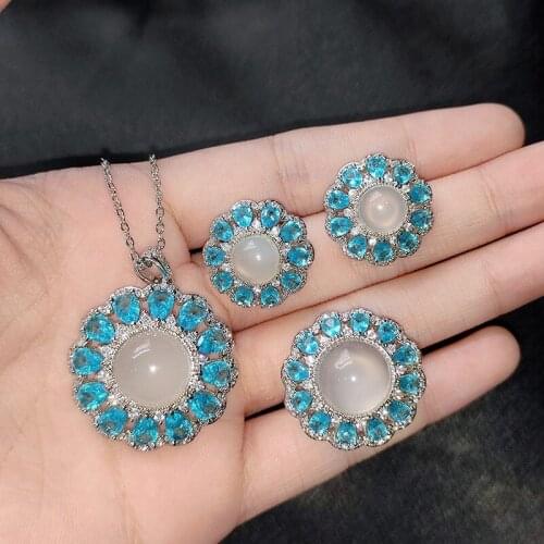 2021 Silver Luxury Fine Jewelry Set Natural Ice White Chalcedony Pendant Necklace Color Treasure Ring Sapphire Earring For Women