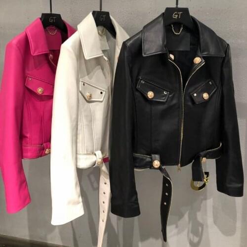 Spring And Autumn 2021 New Fashion Import Real Sheepskin Coat Women Short Length Overcoat With Belt Letters Decorate