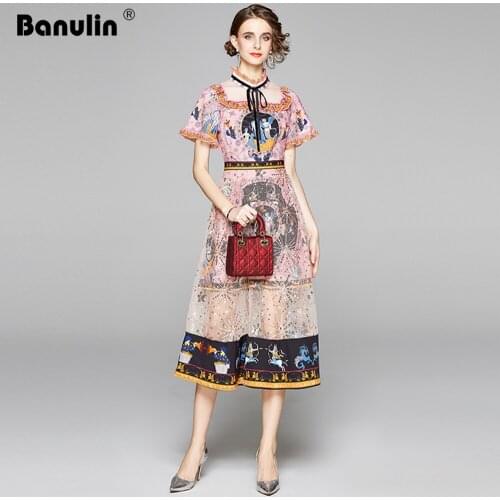 Ladies Dress Summer Runway Ruffles Stand Neck Flare Sleeve Floral Print Lace Patchwork Bodycon Dress Women jurken zomer 2020