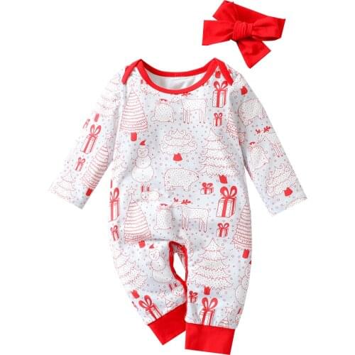 2Pcs Baby Christmas Outfit Cartoon Print O-Neck Long Sleeves Romper Jumpsuit+Headband for Toddlers Girls Boys Clothing