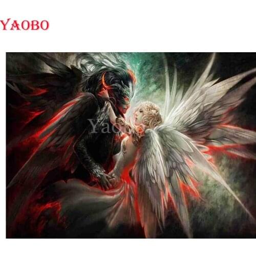 5D DIY Diamond Painting Angel and Demon Couple Full Round Diamond Embroidery Cross Stitch Mosaic Rhinestone Decoration Home