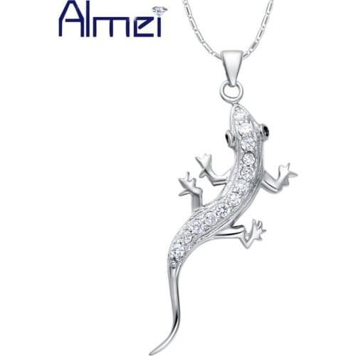 Almei 5%Off Silver Color Lizard Necklaces & Pendants for Women Men Jewelry Bijoux with CZ Zircon Crystal Pendants Pendant N1012