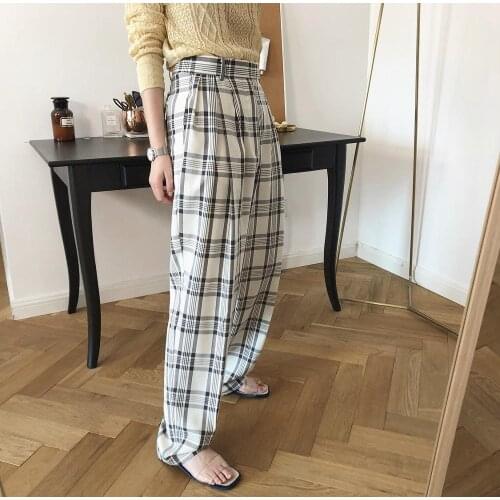 Korean Streetwear Fashion Plaid Vintage Loose Casual Pant Summer Women Trouser High Waist Elegant Ladies 205E