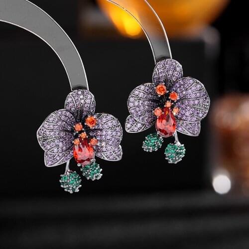 European And American New Fashion Cute Purple Gem Flower Big Earrings Exaggerated Three-Dimensional Petal Ear Jewelry Female