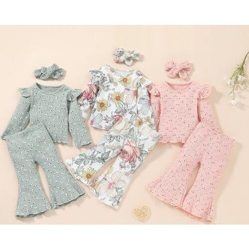 FOCUSNORM 0-5Y Autumn Lovely Kids Girls 3pcs Clothes Sets Flowers Printed/Solid Ruffles Long Sleeve Tops Flare Pants Headband