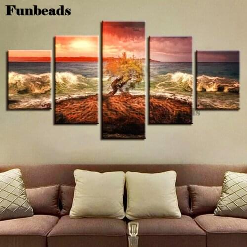 3d drill square round diamond painting 5 Panel life tree Sunset landscape,DIY diamond embroidery of 5d Seascape, waves FF1028