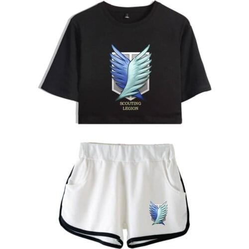 Attack on Titan Cosplay Costume Survey Corps Logo Short Sleeve Shirt Sport Suits Girls Tees Shorts T shirt Running Sets Women