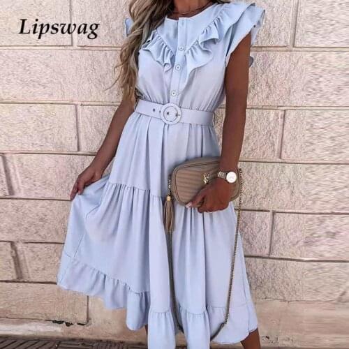 Summer Button Sleeveless Solid Party Dress Women 2021 Casual Ruffle Beach Dress Fashion Elegant V-Neck Belted Long Dress Vestido
