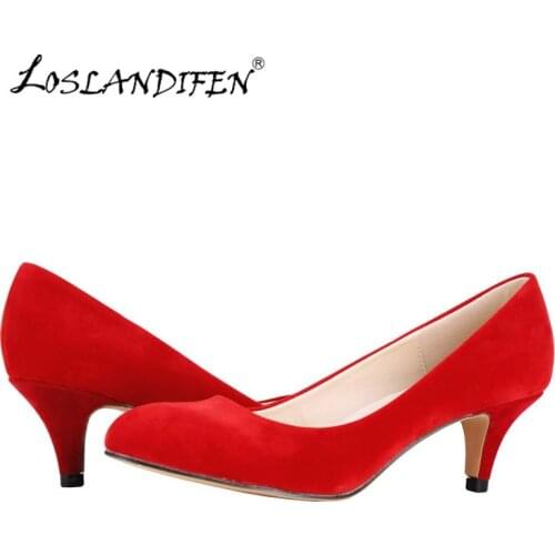 LOSLANDIFEN Women Pumps Sexy High Heels Shoes Flock Pointed Toe Red Wedding Pump Woman Casual Slip-on Dress Shoe 332-1VE