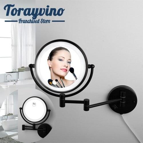 Torayvino matte black mirror led bathroom wall mounted foldable easy to use Vanity Mirror Rotated stainless steel mirrors