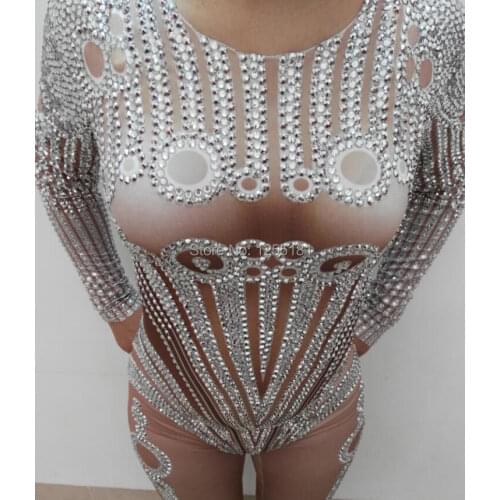 Fashion Sexy 2017 Crystals Jumpsuit Womens Rhinestone Rompers Outfit Dance Stage Show Nightclub Costume Singer Leotard Wear