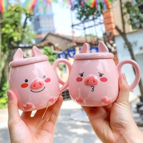 Cartoon pig shape mug With Lid and Spoon Coffee cup Milk Tea Mugs Breakfast Cup Drinkware Couple Novelty Gifts