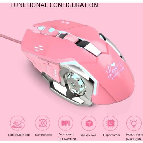 Pink Ergonomic Office Wired Gaming Mouse 3200DPI 6 Button RGB Light Computer Laptop Accessory for Women Girls