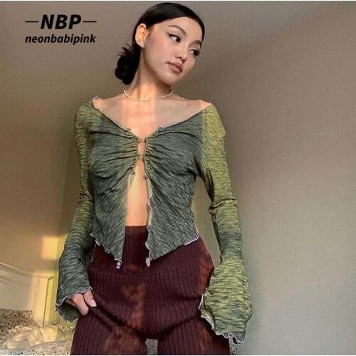 NEONBABIPINK Y2k Fairy Grunge Tops Green Long Sleeve Crop Top T Shirts Vintage Clothes Fall 2021 Sexy Cardigen Women N85-BB15