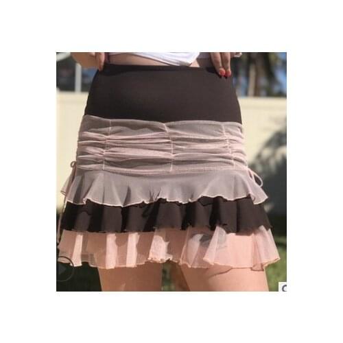 New Women Ruched Bodycon Mini Skirt High Waist Mesh Patchwork Layered Ruffle Hem Short Skirt Elegant Chic Brown