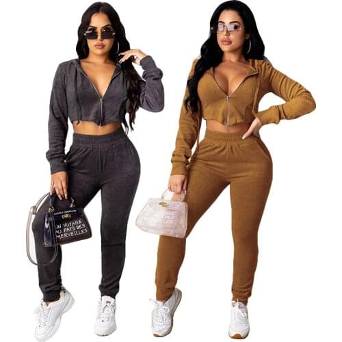 Autumn and winter new fashion womens clothing Solid color long-sleeved trousers suit sports two-piece suit
