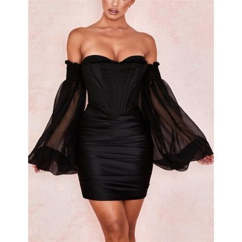 New Arrival Black Off The Shoulder Long Sleeve Mini Women Dress Night Party Dress