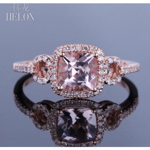 HELON Solid 14K Rose Gold 6mm Cushion Natural Morganite Diamonds Engagement Wedding Ring Women Fine Jewelry Diamond Ring Gift