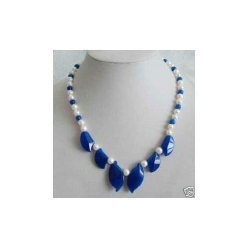 Natural Charming pretty white pearl & blue jades Leaves Necklace AKOYA Free shipping