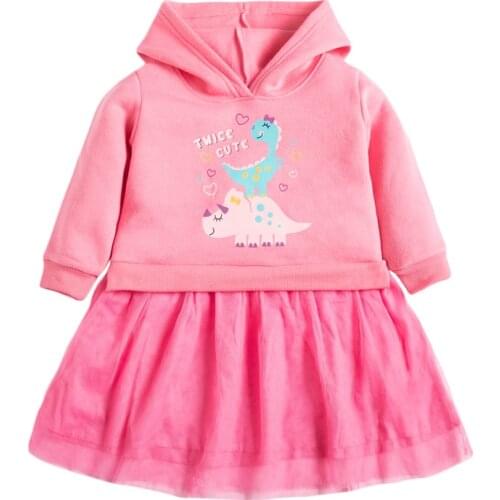 Frocks for Baby Girl Brand Autumn Clothes Animal Applique Toddler Hooded Pink Dinosaur Print Fall Dress for Kids 2-7 Years