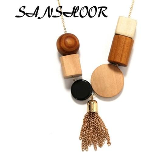 Christmas Gift Handmade Bead Pendant Long Chain Necklace Gold Alloy Geometric Wooden Bead Necklace Leisure For Female