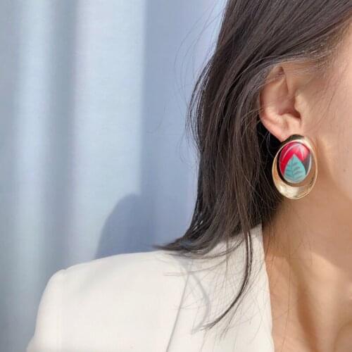 TARCLIY Trendy Vintage Renaissance Oil Painting Stud Earring Geometric Metal Oval Art Earring Woman Girl Party Daily Jewelry