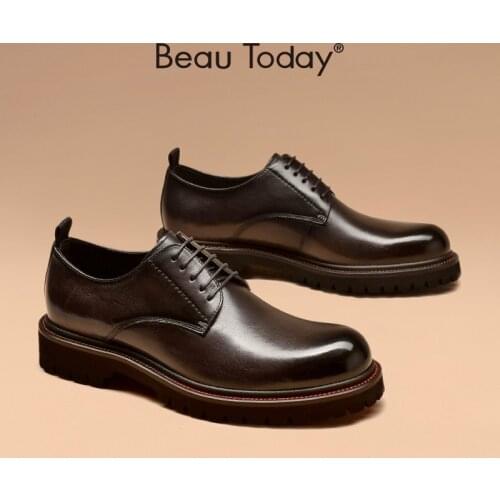 BeauToday Men Derby Shoes Calfskin Leather Waxing Round Toe Lace-Up Platform Gentleman Business Dress Shoes Handmade 55503