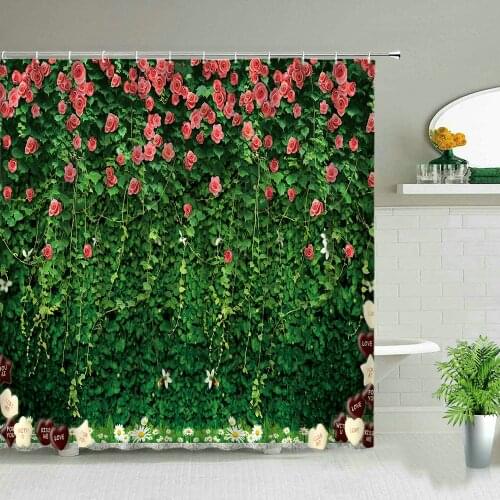 Landscape Shower Curtains Set Flower Green Leaf Bathroom Decor Garden Background Wall Decoration Bathtub Screen Polyester Fabric