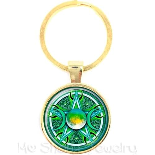 Green Background Triple Moon Goddess Wicca Pentagram Magic Amulet Talisman Men Moon Keychain Tibetan Vintage Jewelry