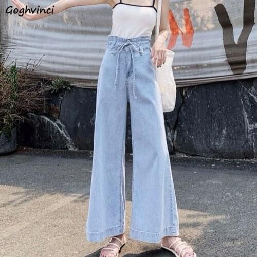 Women Jeans Wide Leg Lace Up Button High Waist Korean Style Trendy Leisure Chic All-match Elegant Daily Designer Females Spring
