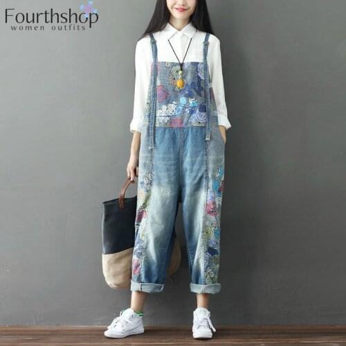 Oversized Jeans Jumsuits Floral Print Fashion Denim Overalls Women Rompers Loose Hip Hop Bib Suspender Pants 2019 Streetwear
