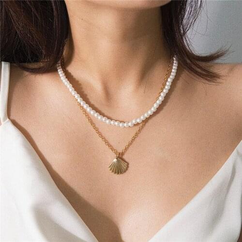 Wish Card Fashion Double Layers Shell Necklace For Women Elegant Pearl Chokers Necklace Trandy Summer Beach Jewelry Gift NE82