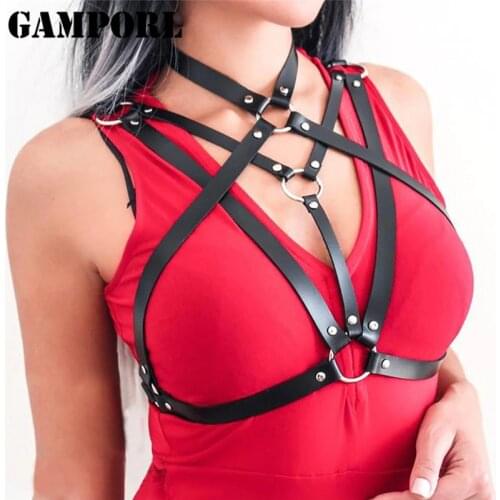 GAMPORL Sexy Lingerie Women Leather Harness Body Bondage Cage Bra Bdsm Collar Bondage Harness Belts Suspenders Garter Stockings
