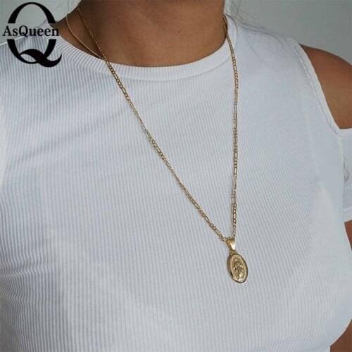 Gold Medallion Virgin Mary Necklace, Unisex Necklace, Coin Necklace, Long Layering Necklace