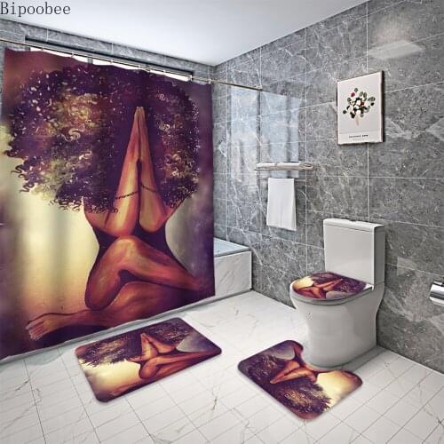 3D Praying Girl Fabric Shower Curtain African American Women Bathroom Curtains Flannel Toilet Lid Cover Anti-slip Mat Rugs