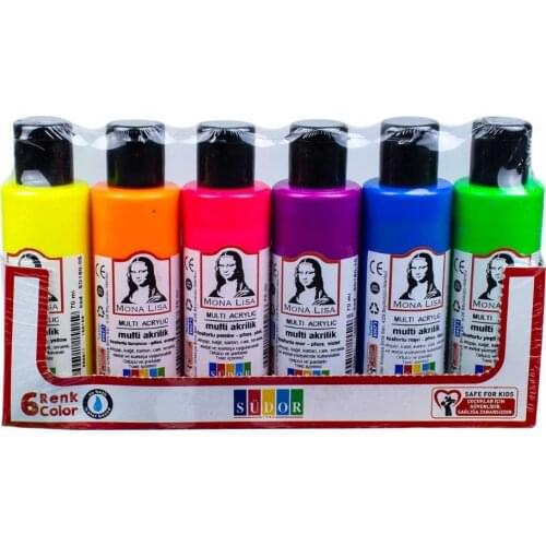 Sudor Monalisa Acrylic Paints 6x70 ml Bottles 6 Neon Fluorescent Colours Brush Canvas Stone Wood Paper Glass Cardboard Ceramic
