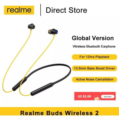 Realme Buds Wireless 2 Bluetooth Eearphone Active Noise Cancellation 12H Battery Life Bass Boost Driver IPx5 Music Sport Earbuds