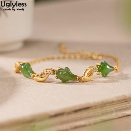Uglyless Lovely Clumsy Penguin Bracelets for Women 100% Natural Hotan Jasper Green Jade Bracelets Real 925 Silver Chains Jewelry