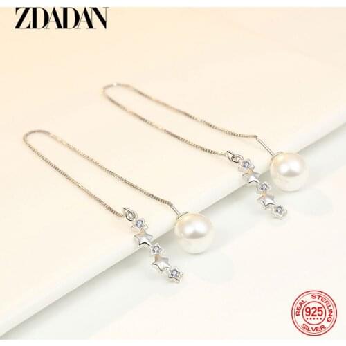 ZDADAN 925 Sterling Silver Star Pearl Drop Earrings For Women Fashion Wedding Jewelry Gift