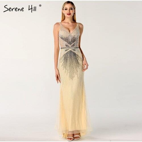 Dubai Gradation Changing Color V-Neck Evening Dresses 2020 Full Crystal Sleeveless Sexy Evening Gowns Serene Hill LA60801