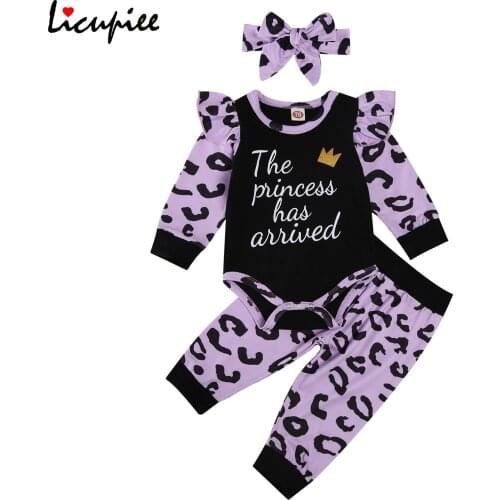 0-24 Months Baby Girls Three-piece Clothes Set Long Sleeve Round Collar Romper + Pants + Headdress, Yellow/ Brown/ Purple/ Pink