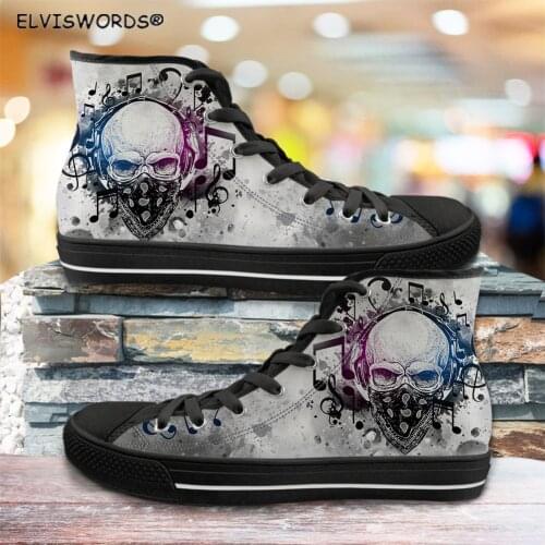 ELVISWORDS Skull Design Mens Lace Up Sneakers Casual Male Vulcanized Shoes Comfortable Mans High Top Style Vulcanized Shoes