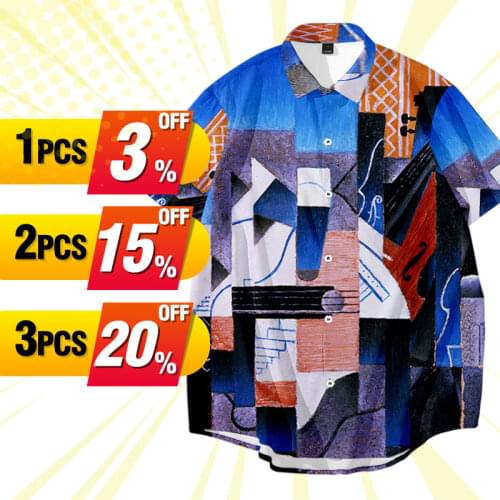 New Oil Painting Creative Printing Hawaiian Shirt Summer Casual Loose Short-Sleeved Shirt Mens Plus Large Size Shirt