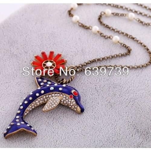 Bulk Price Cute Blue Dolphin Onyx Flower Pendant Gold Color Long For Grils Women Beaded Simulated Pearl Necklace