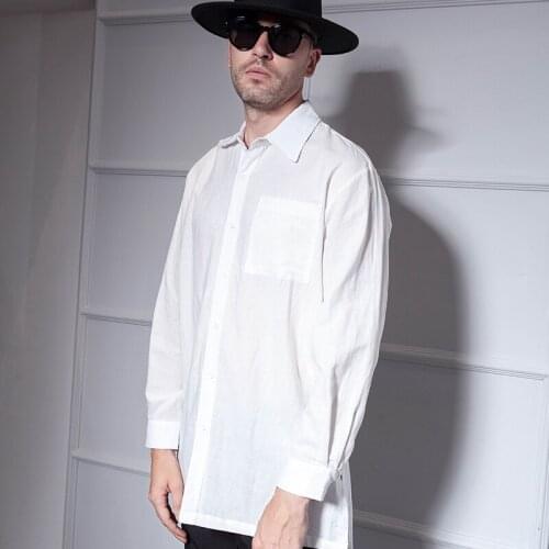 Super long section front short back long mens long-sleeved shirt loose mens shirt youth European and American high street styl