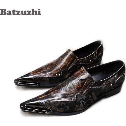 Batzuzhi Luxury Men Shoes Brown Genuine Leather Dress Shoes Men Pointed Iron Toe Sapato Masculino Oxford Shoes Men Business,US12