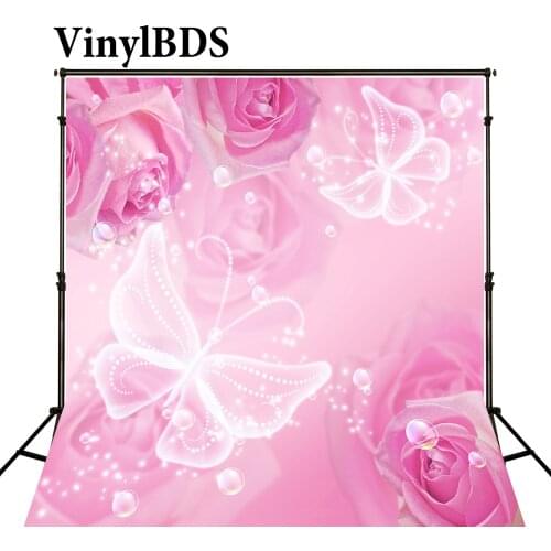VinylBDS Pink Valentines Day Photography Backdrops Pink Rose Flower Background Crystal Butterfly Backdrop for Wedding Photocall